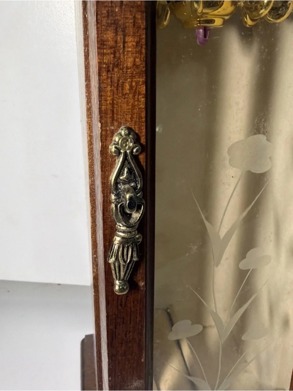 Wood-Finish Brown Jewelry Cabinet with Etched Glass Door
